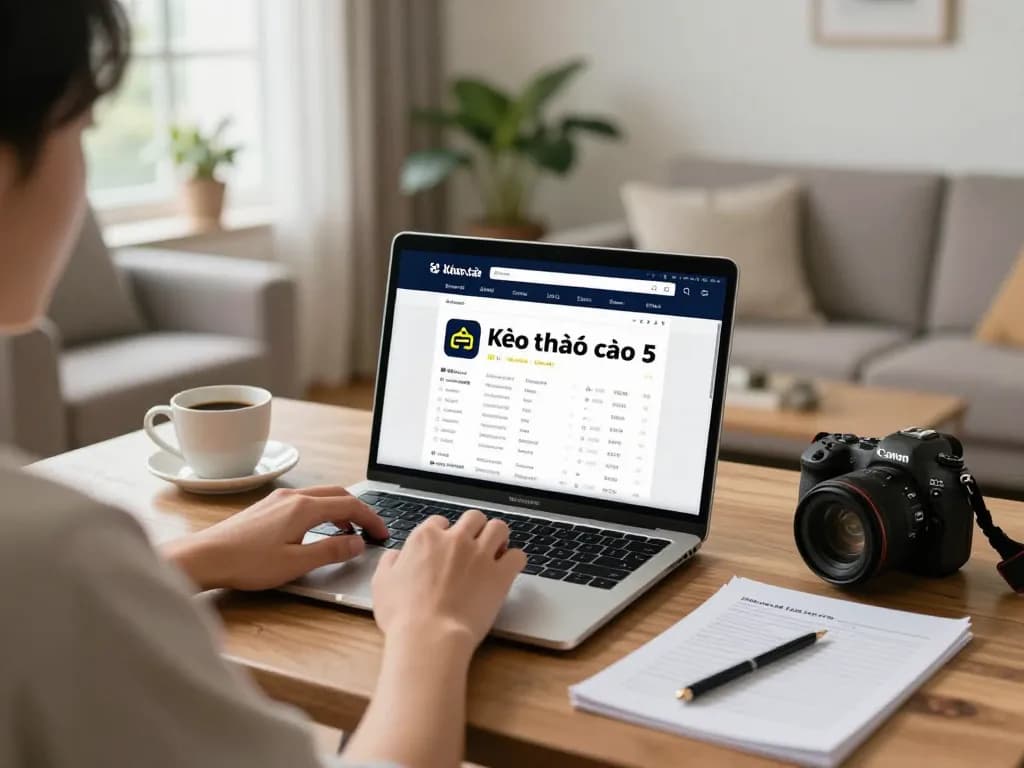 Kèo nhà cái 5 interface displayed on a laptop during an online betting session in a cozy living room