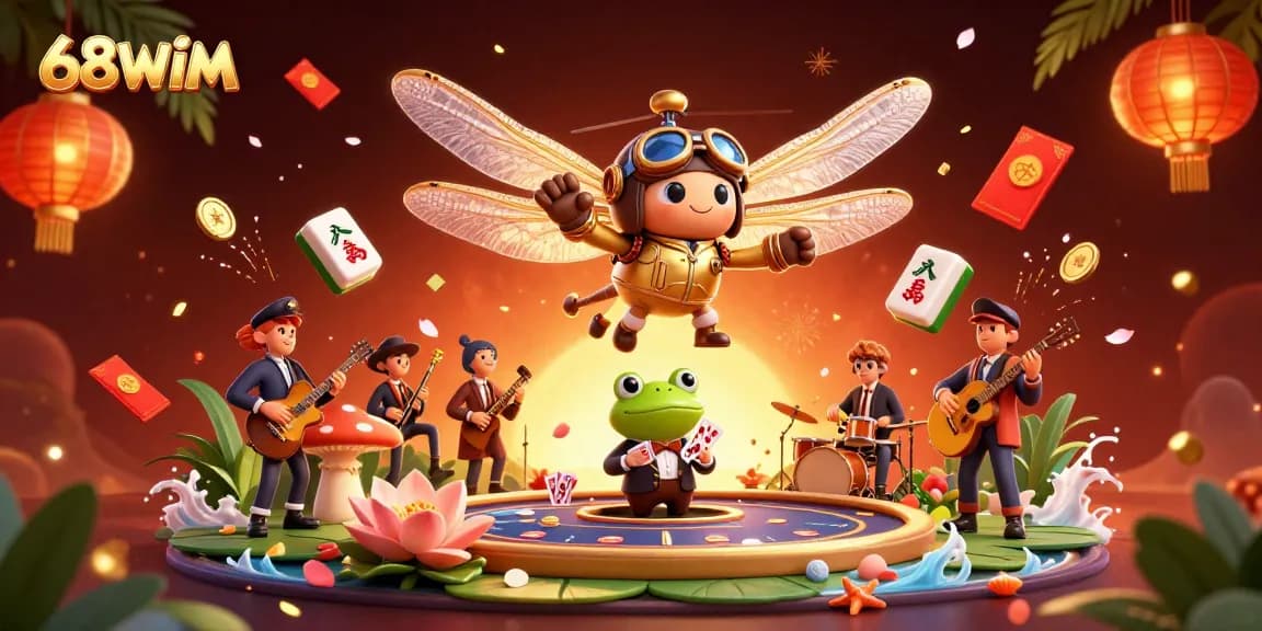Spin the reels at 68WIM's vibrant lily pad casino with engaging characters and festive elements.
