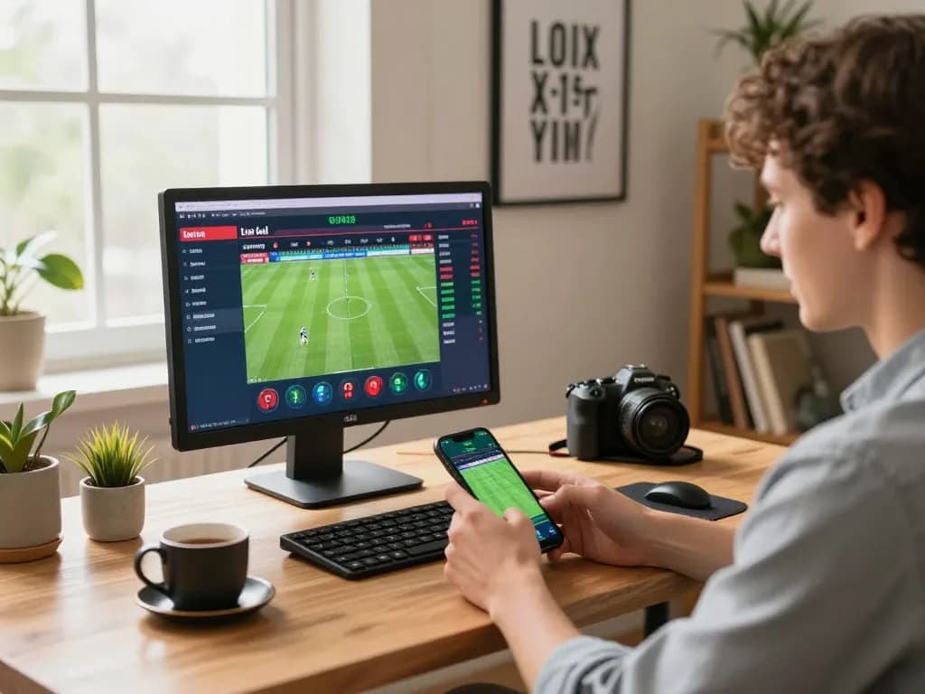 Engaged player using smartphone for sports betting at home, reviewing odds at vt88.