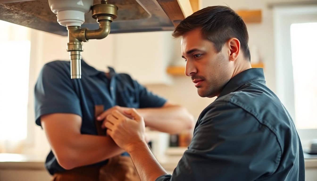 Find a reliable plumber near me repairing a kitchen pipe, showcasing expertise in home maintenance.