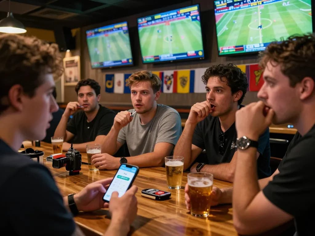 Person betting on sports using the 1gom app in a lively sports bar with friends