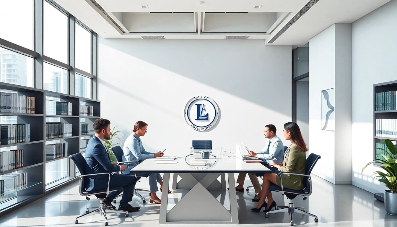 A modern law firm in the US with a professional team discussing legal matters in Miami.