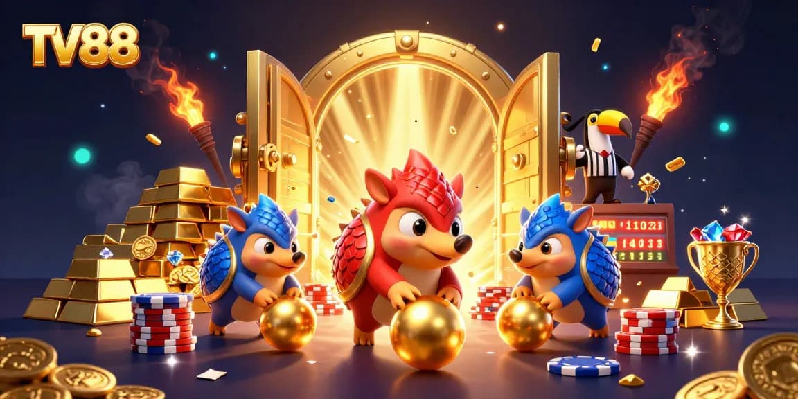 Experience thrilling gaming delights at TV88 with friendly pangolins in a vibrant casino arena.
