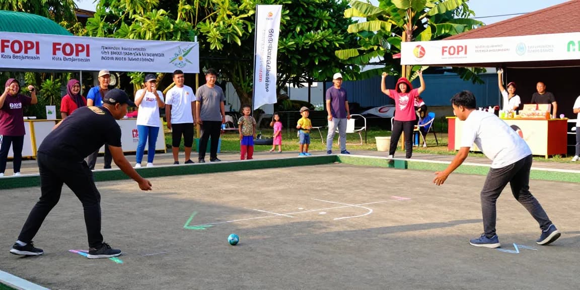 Community petanque event showcasing fopikotabanjarma.org, diverse players competing with enthusiasm.