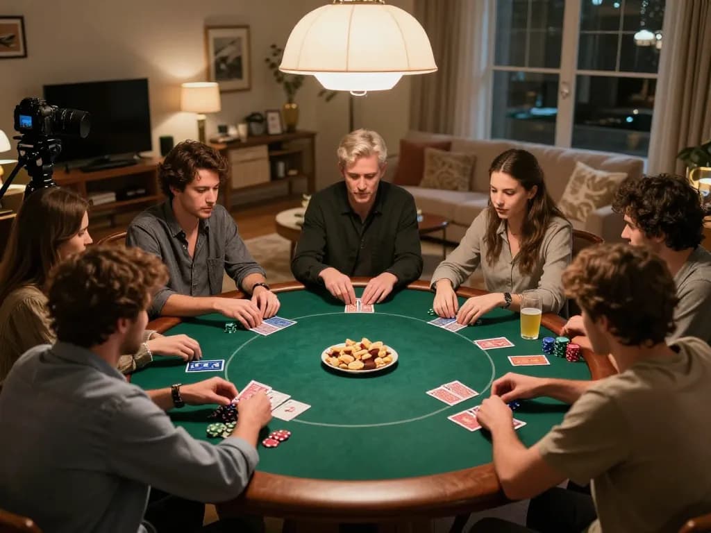 Friends enjoying a lively poker game at home while strategizing their bets on the tg88 platform.