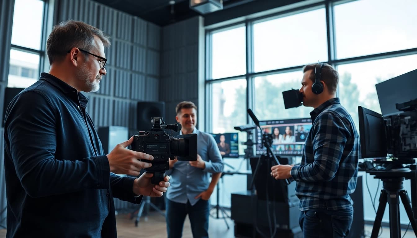 Showcase of corporate video production process featuring filmmakers collaborating in a modern studio.