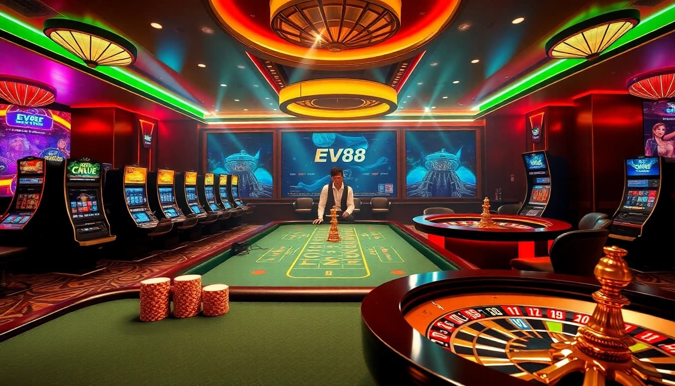 Players enjoy games at Nhà cái EV88 casino, with vibrant tables and exciting action.