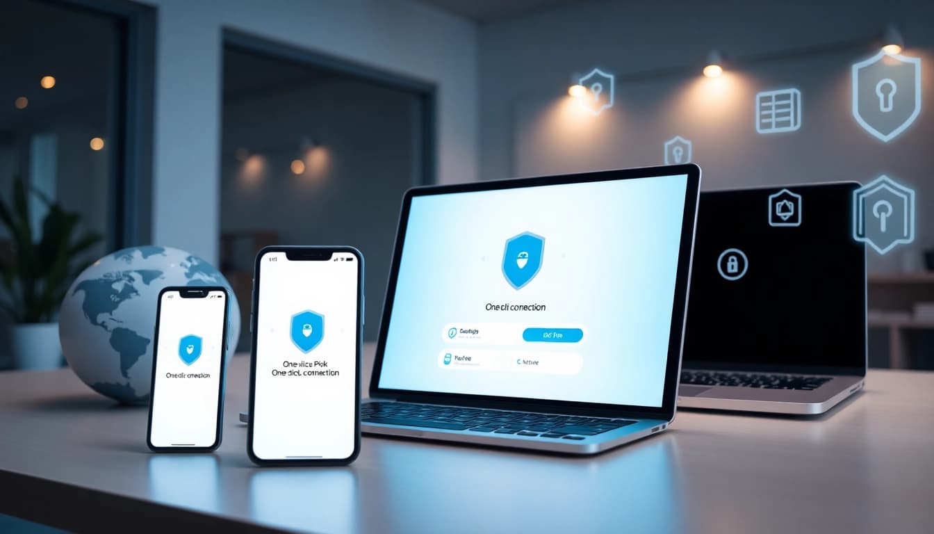 多设备上的快连官网 VPN 界面，展示创新的安全特性与全球连接性。
