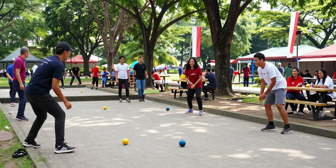 Petanque match at a community park showcasing fopikotabalikpap.org's vibrant sporting culture.