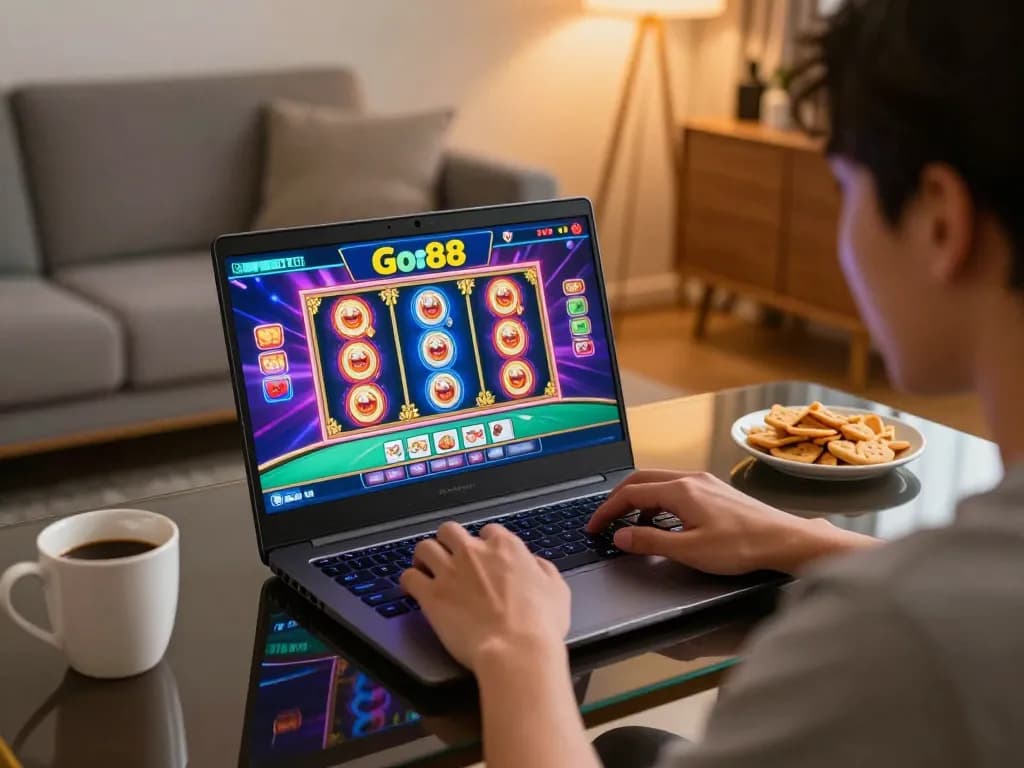 Engaged player enjoying Go88 casino games on laptop in a cozy home setup, reflecting strategic gaming atmosphere