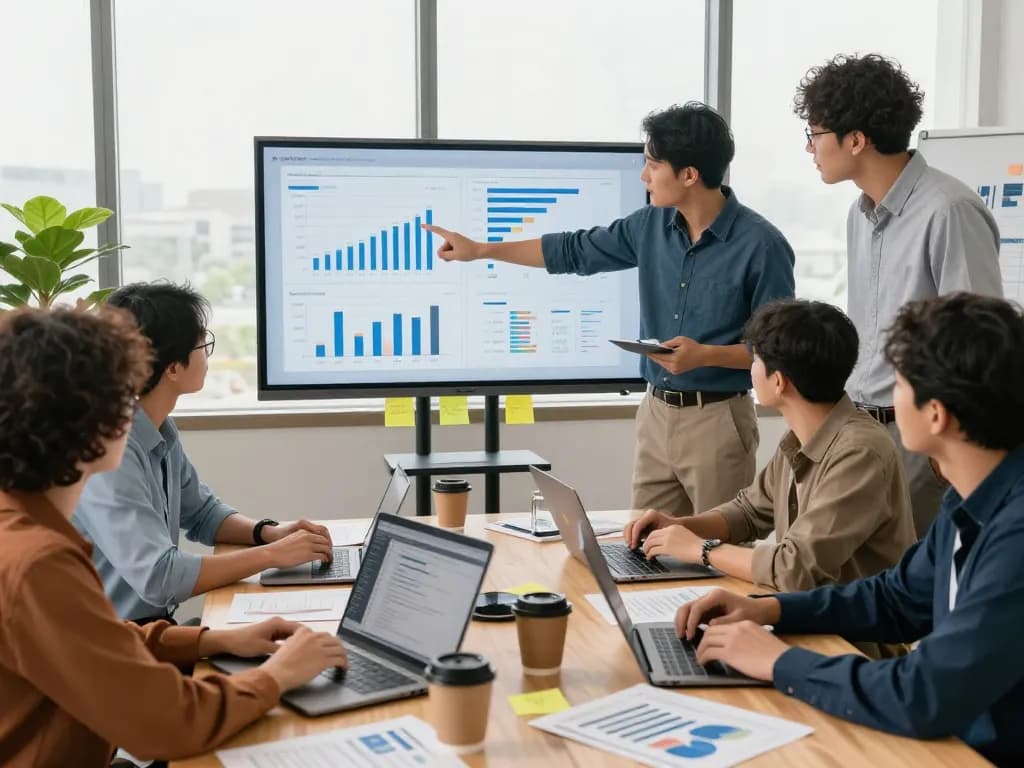Team analyzing SEO Reports in a modern office, displaying data and insights collaboratively.