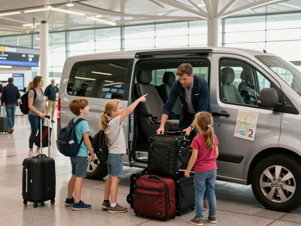 Minibus to Manchester Airport with family loading luggage and professional driver assisting in bright morning light.