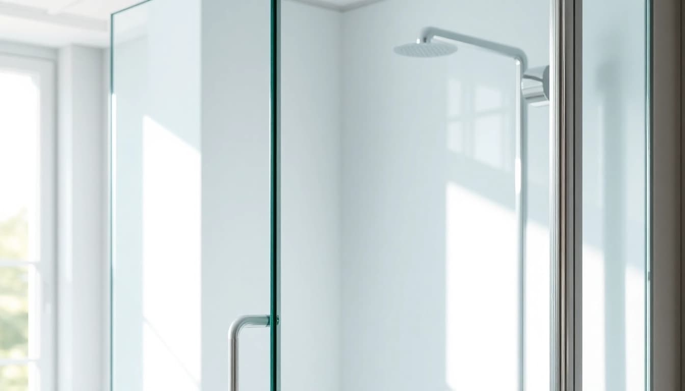 Showcase a stylish shower screen door highlighting its sleek design and modern features.