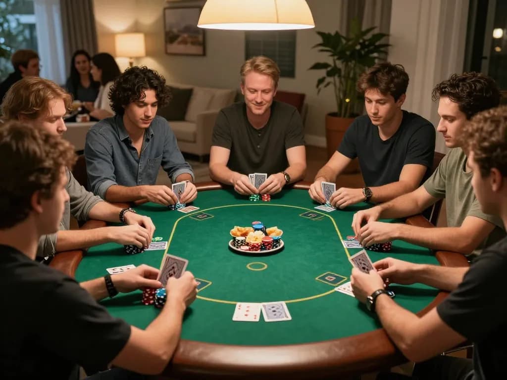 FLY88 poker night scene with friends enjoying Texas Hold'em and strategic gameplay.