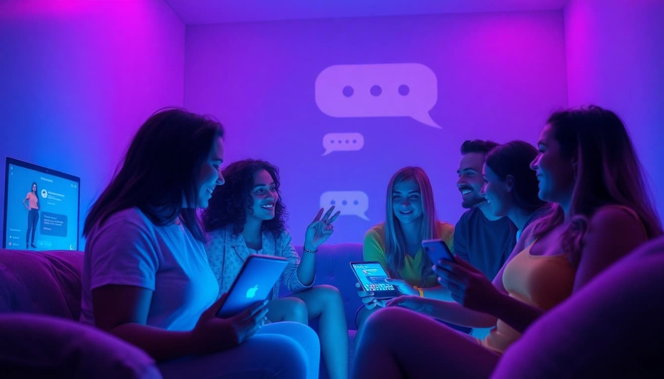 Engaging NSFW AI chat scene with diverse characters in a relaxed digital chatroom.