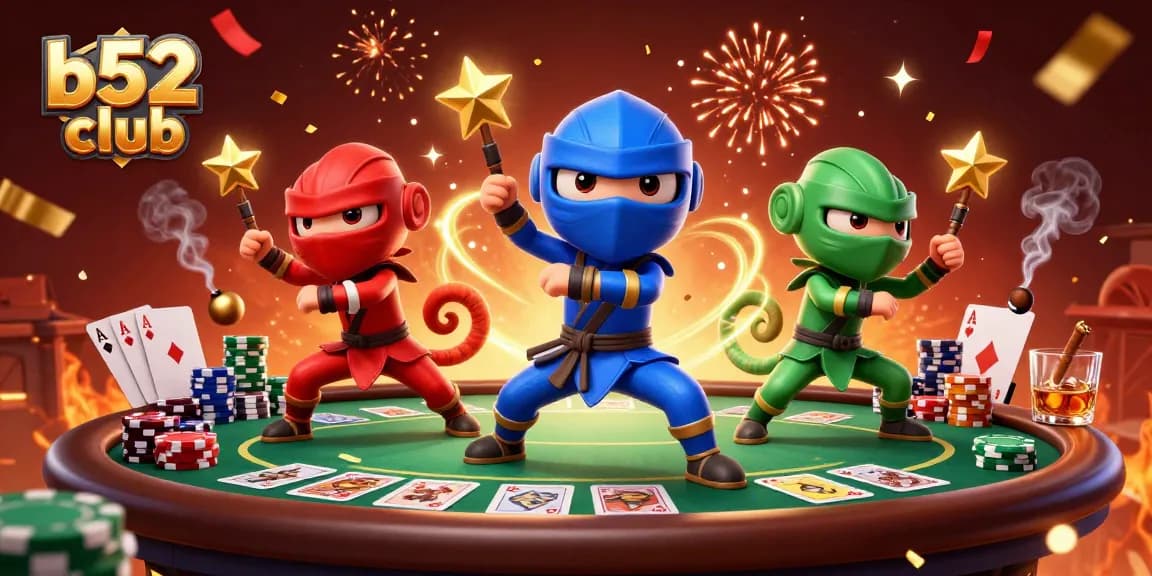 Engage in thrilling poker action with b52 club's vibrant chameleon ninjas and dynamic casino elements.