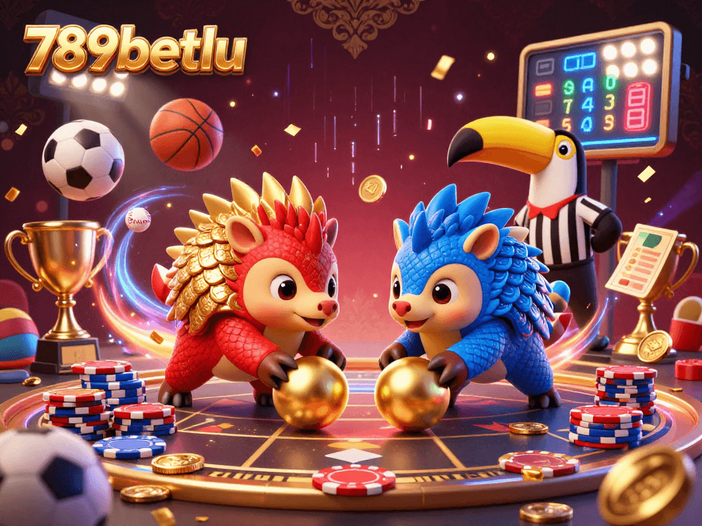 Experience the thrill of betting at 789betlu with vibrant pangolins bowling through poker chips and sports elements.