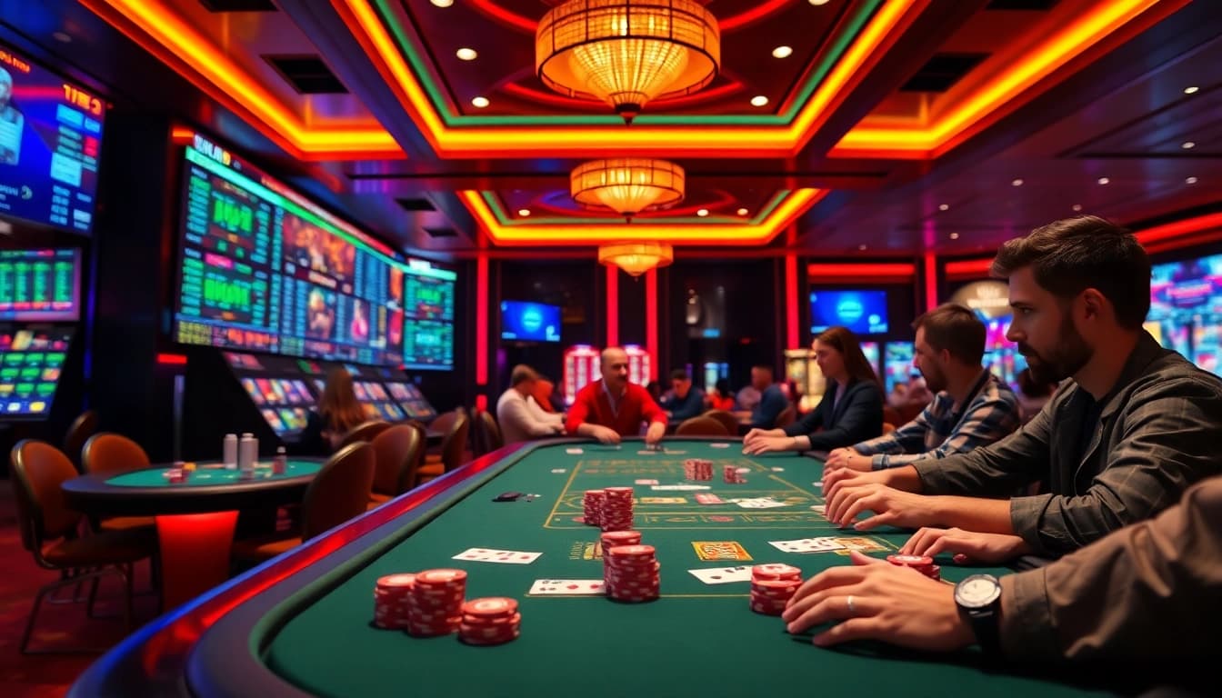 Engaged players at an upscale casino environment of ev88win.live, showcasing vibrant gaming tables and live betting displays.