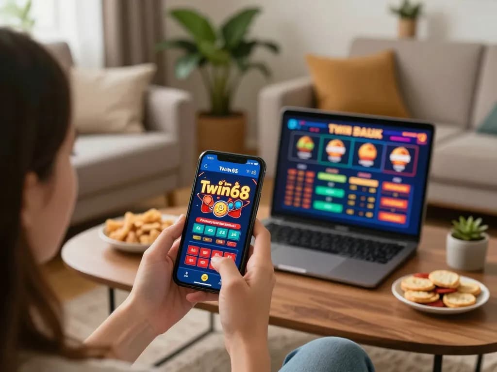 Twin68 casino app displayed on a smartphone in a cozy home gaming setup, emphasizing engaging online betting.