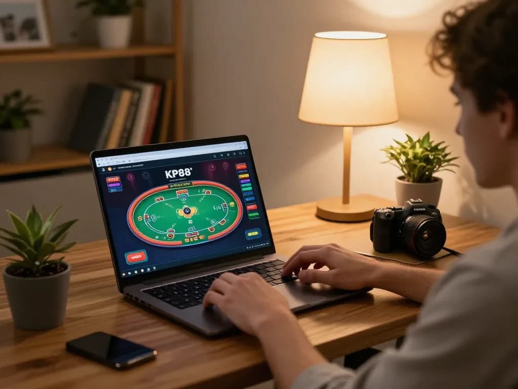 Engaging KP88 casino app gameplay on laptop at home, highlighting responsible gambling