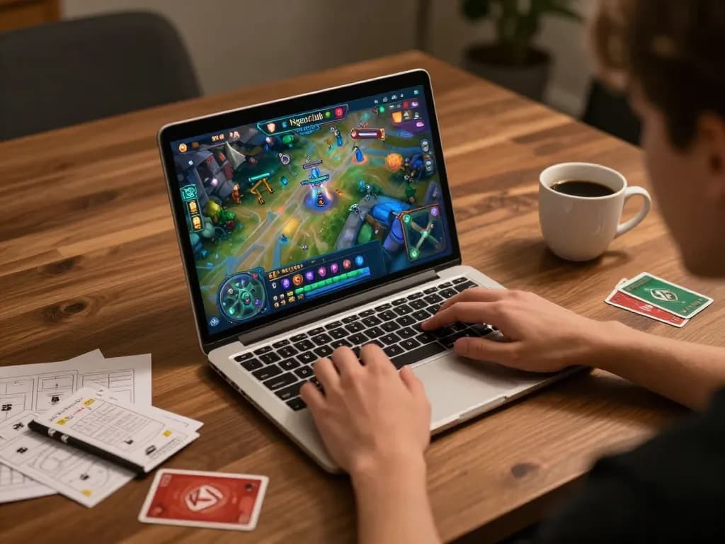 Player engaging with Ngonclub's online casino on a laptop in a cozy setting, emphasizing strategic gameplay.