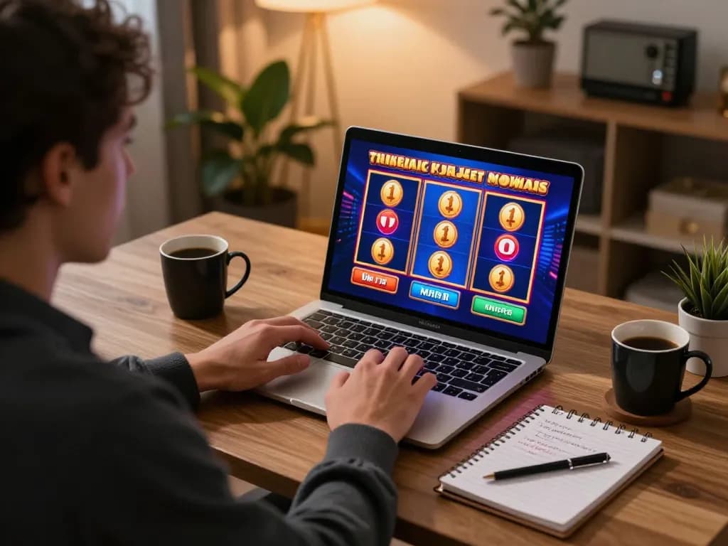 Engaging gameplay on SHBET .COM in a cozy home office setting, showcasing online slot excitement and responsible strategy.