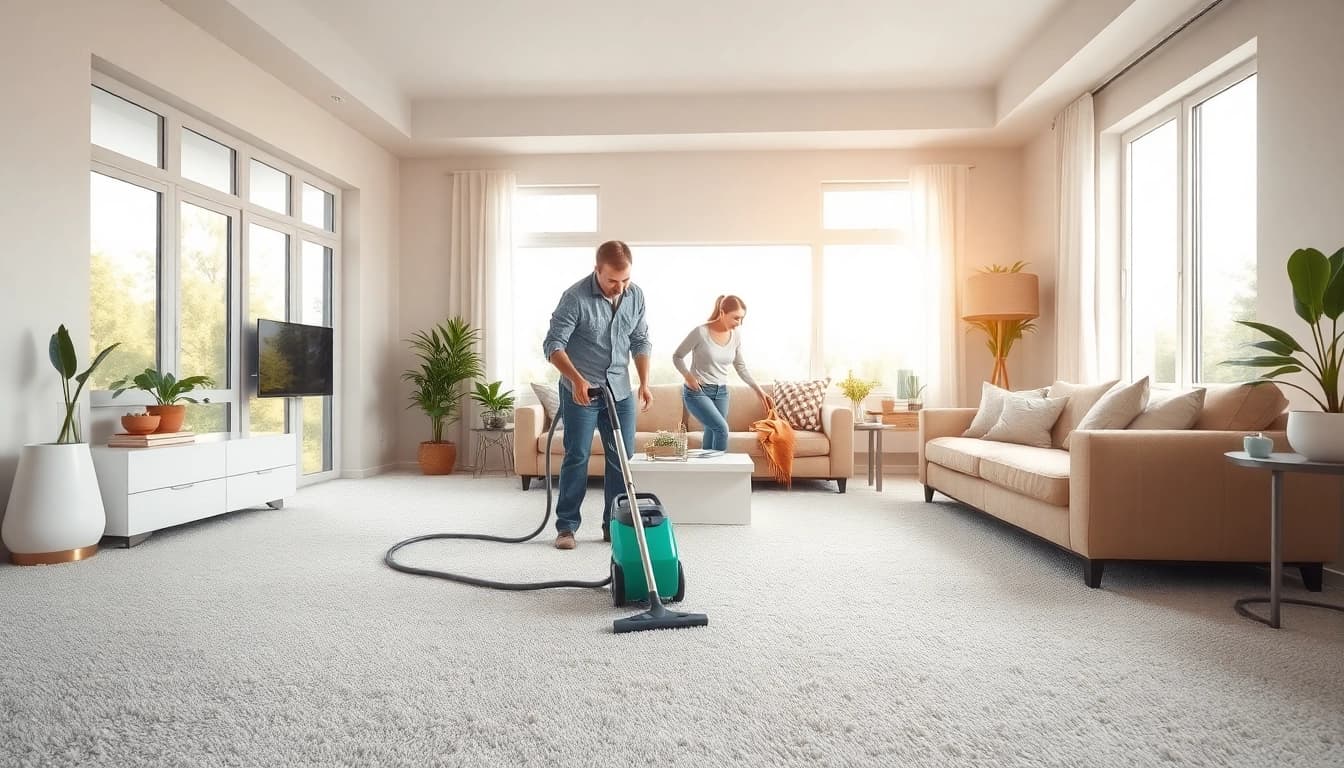 Professional carpet cleaning shown in a bright living room with happy family and pristine carpets.