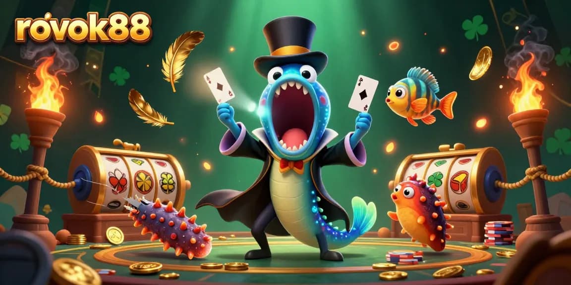 Engage with rokok88 slots while a magician eel entertains with card tricks in a vibrant casino scene.
