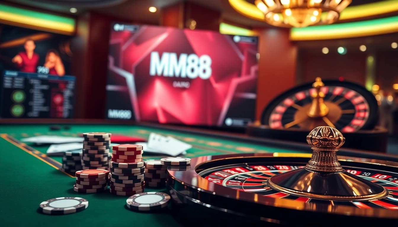 Experience the thrill of MM88 at a luxurious casino table with poker chips and cards.