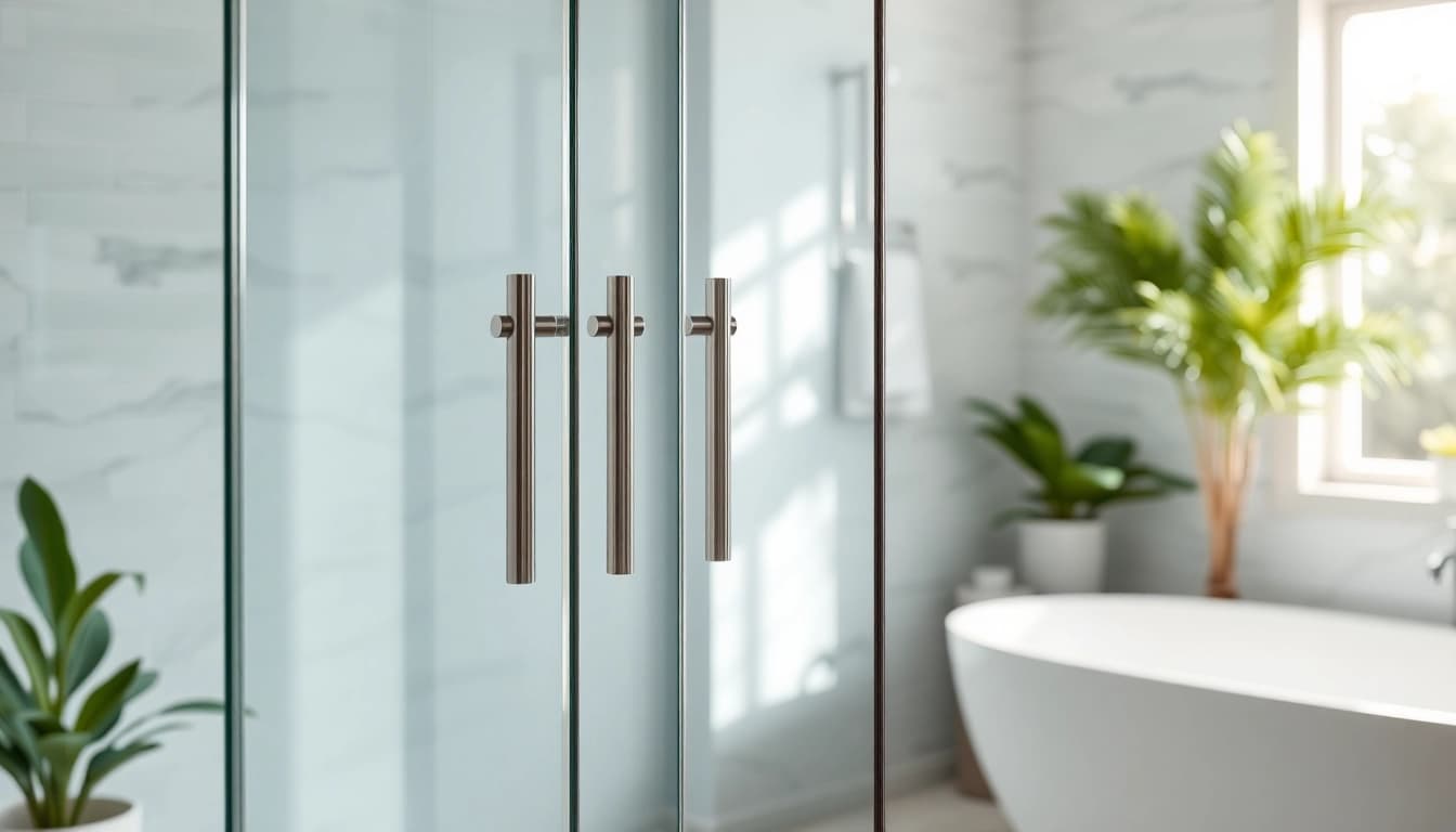 Elegant shower doors sliding in a modern bathroom with bright lighting and warm colors.