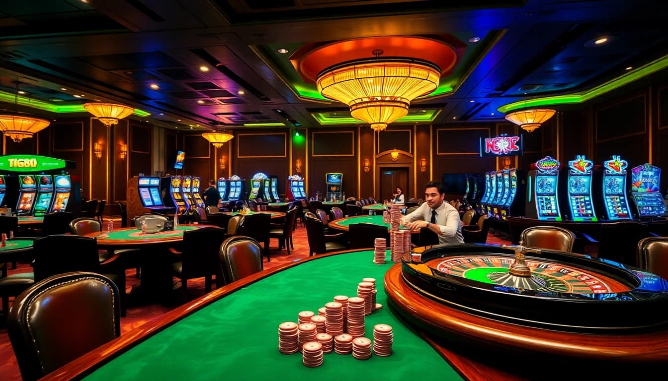 Gambling enthusiasts enjoying a thrilling gaming experience at TG88 casino with vibrant tables and slot machines.