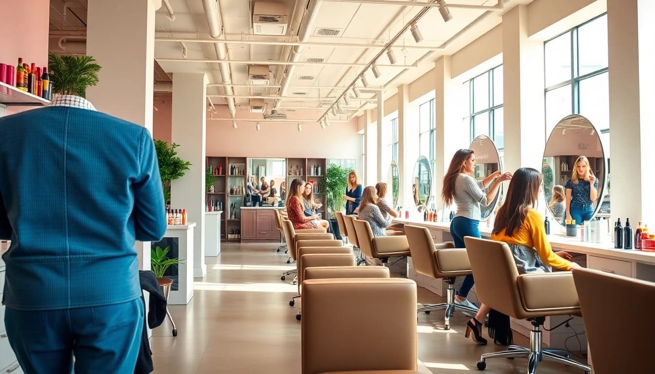 Find the best hair salons showcasing stylish interiors and professional stylists actively engaging with clients.