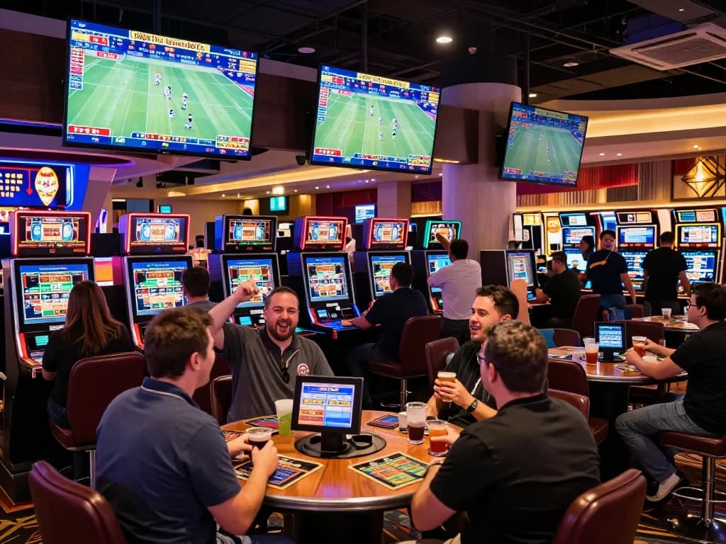 Spectators engaging in sports betting at a vibrant sportsbook, showcasing soi keo nha cai action and betting excitement.