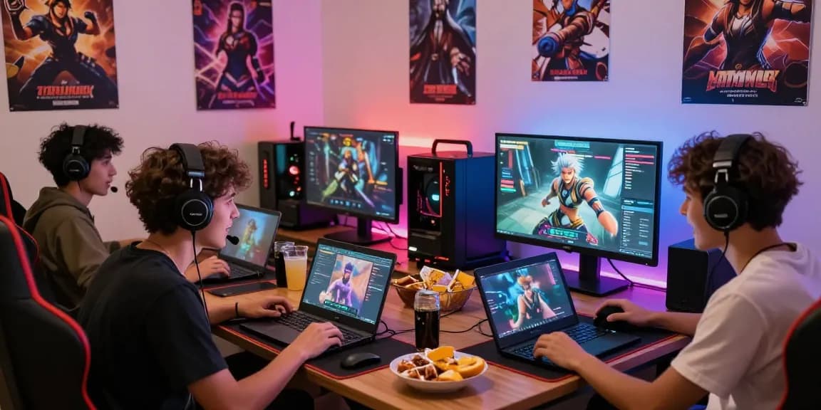 Group enjoying online hentai games in a vibrant gaming room with colorful lights and multiple devices.