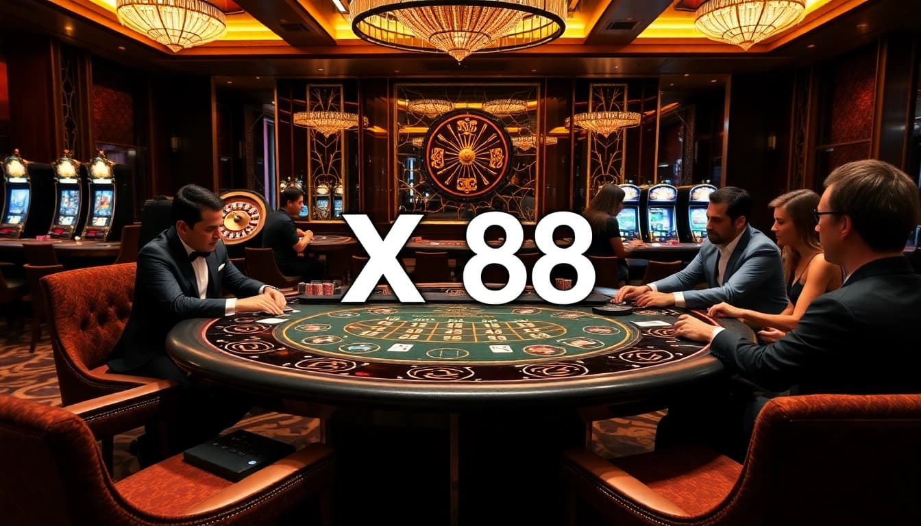 High-stakes poker scene at XX88 casino with elegant players and vibrant chips.