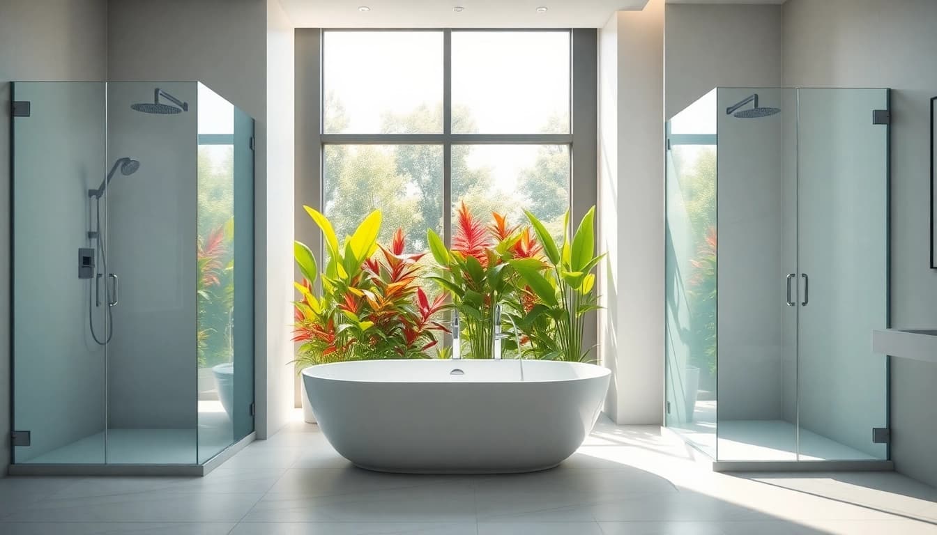 Showcasing elegant showers in a contemporary bathroom design emphasizing clean lines and modern aesthetics.