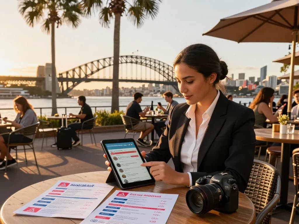 Property manager reviewing airbnb management sydney listings in vibrant outdoor café with iconic Sydney backdrop