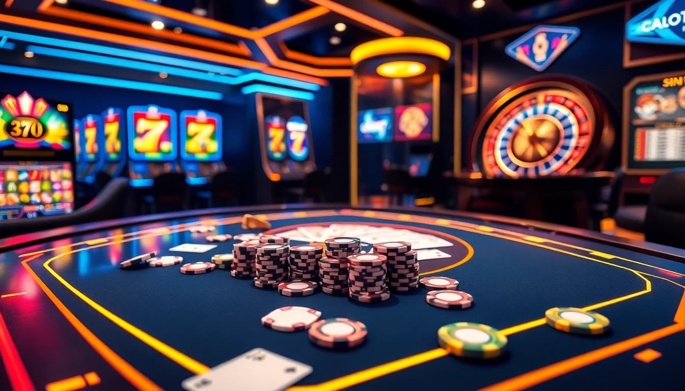 Alo789 gamblers engaging in an exciting online casino environment with vibrant poker chips and a roulette wheel.