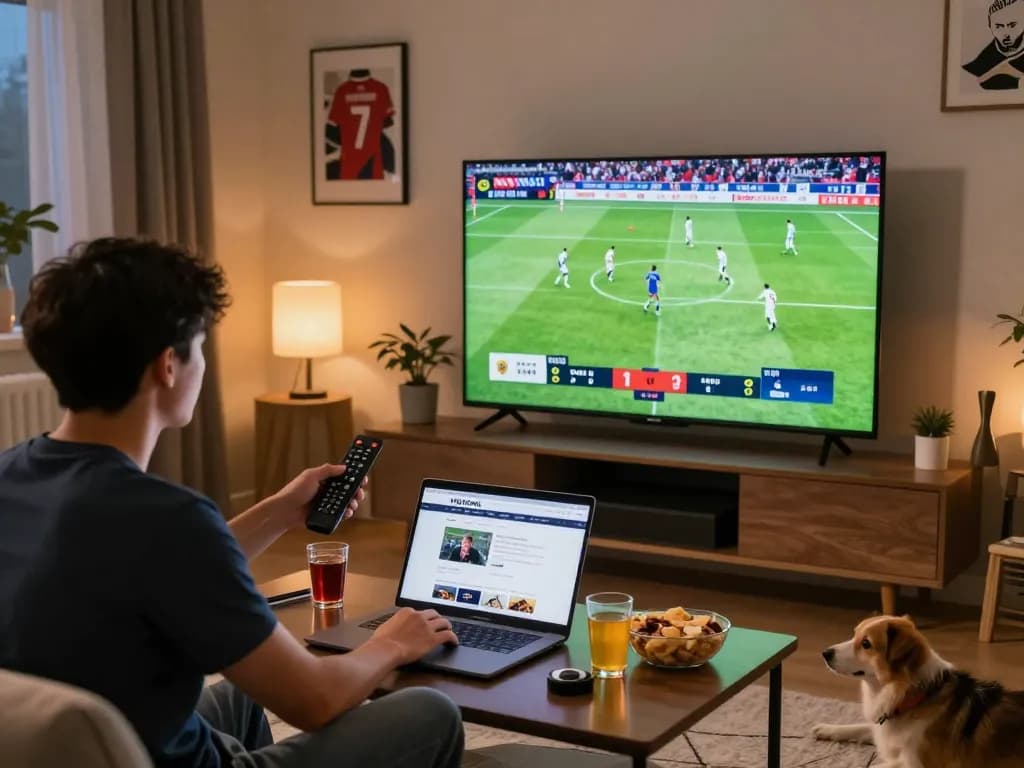 Soccer fan enjoying live NOWGOAL soccer scores and betting stats in a cozy living room.