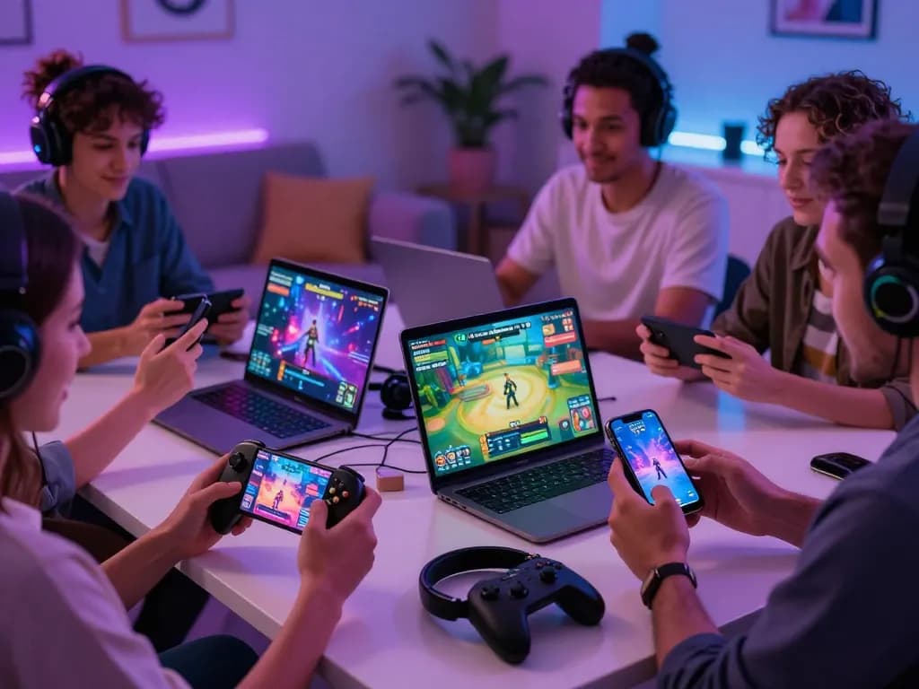 Adults enjoying interactive sex games on portable devices in a cozy living room.