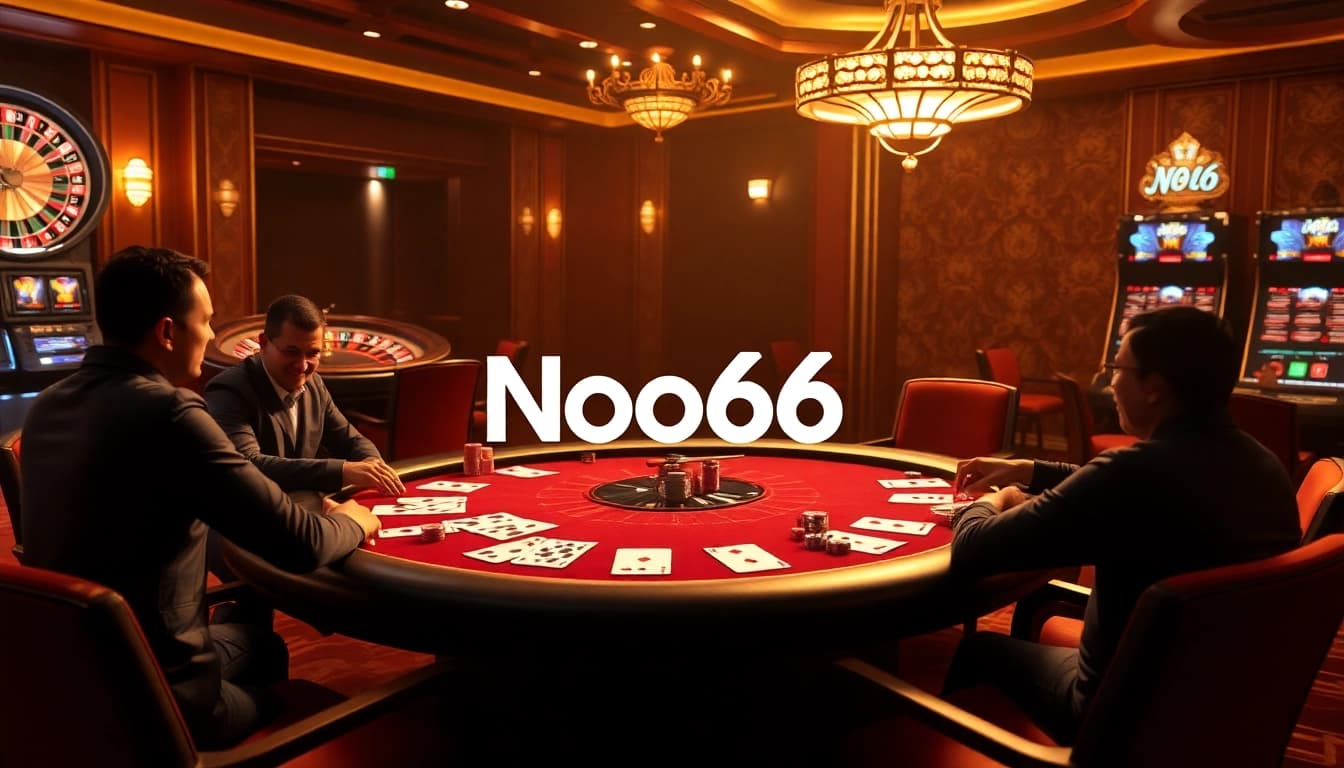 ฉากโป๊กเกอร์ Noo66 พร้อมชิป การ์ด และล้อรูเล็ตที่สดใส ในสภาพแวดล้อมคาสิโนที่เปล่งประกาย
