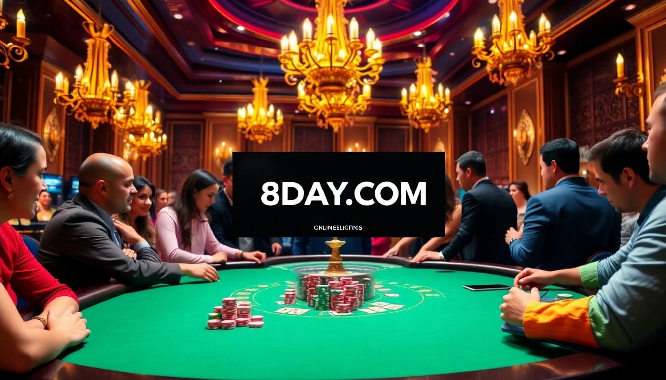 Players enjoying a thrilling game at an 8DAY.COM casino with vibrant chips and a roulette wheel.