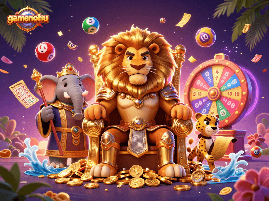 Spin and win with gamenohu in an exciting cartoon-style casino scene filled with vibrant prizes.