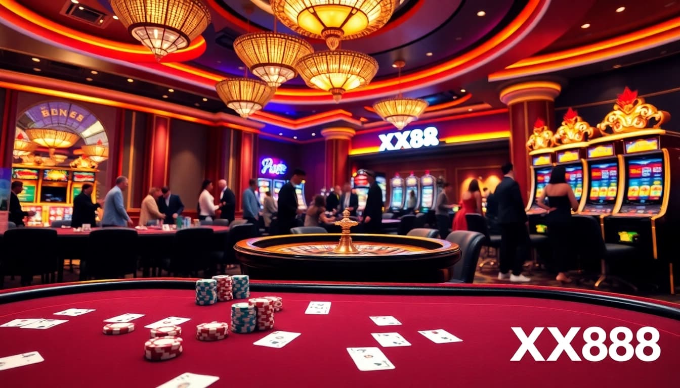 Action-packed scene at XX88 casino, showcasing players engaged in poker and roulette.