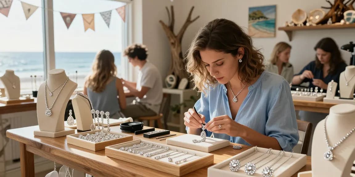 Elegant lab grown diamond necklace UK showcased in a sunny boutique with artisan creating jewellery.