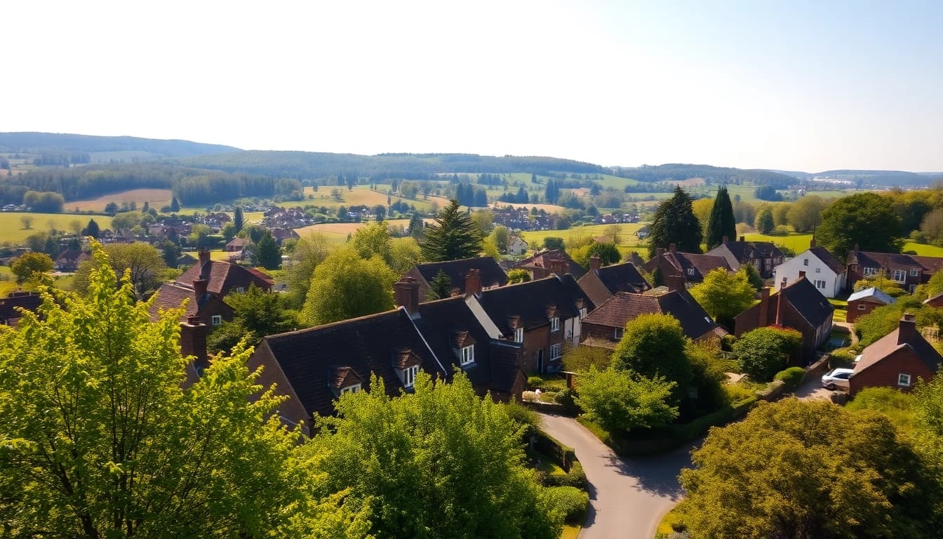 View of Claygate with lush greenery and quaint cottages showcasing a picturesque village atmosphere.