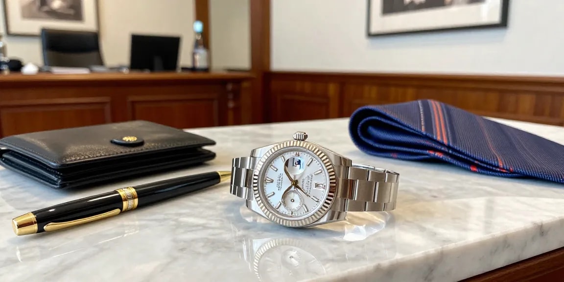 Close-up of a rolex replica on a marble countertop with luxury accessories.