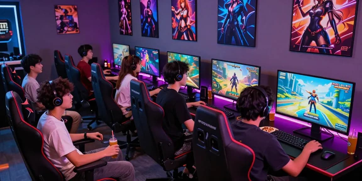 Players enjoying a real hentai game with colorful graphics in a vibrant gaming lounge.