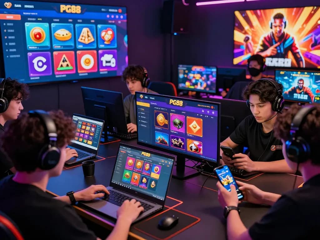 Engaged players exploring PG88 online gaming platform, showcasing vibrant betting options and user-friendly interface.