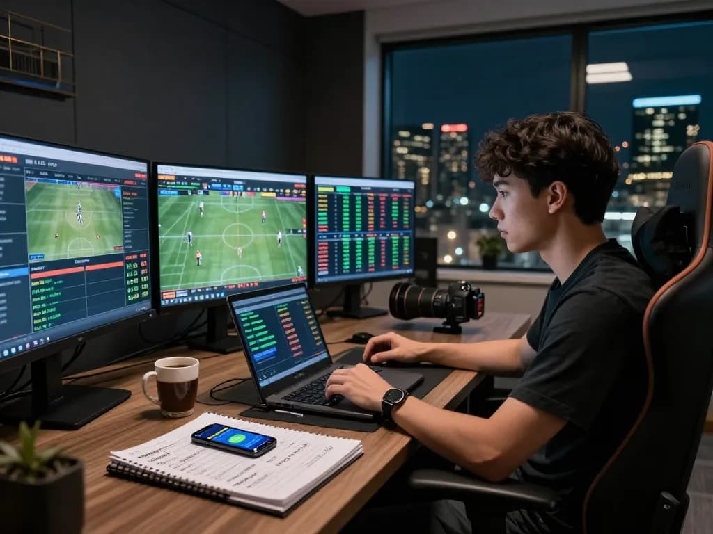 Dynamic scene of a professional bettor analyzing kèo nhà cái 5 odds and sports data in a modern studio setup.